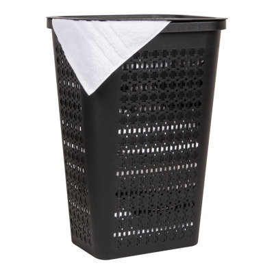  Slim Tapered Laundry Hamper with Lid, Clothes Basket with Swiss Cross Cut-Outs, Lightweight & Ventilated, Plastic, Black