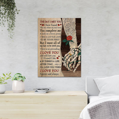 Couple main dans la main - «The Day I Met You I Have Found The One Whom My Soul Loves You Complet Me And Make Me A Better personne», reproduction d'art graphique sur toile tendue
