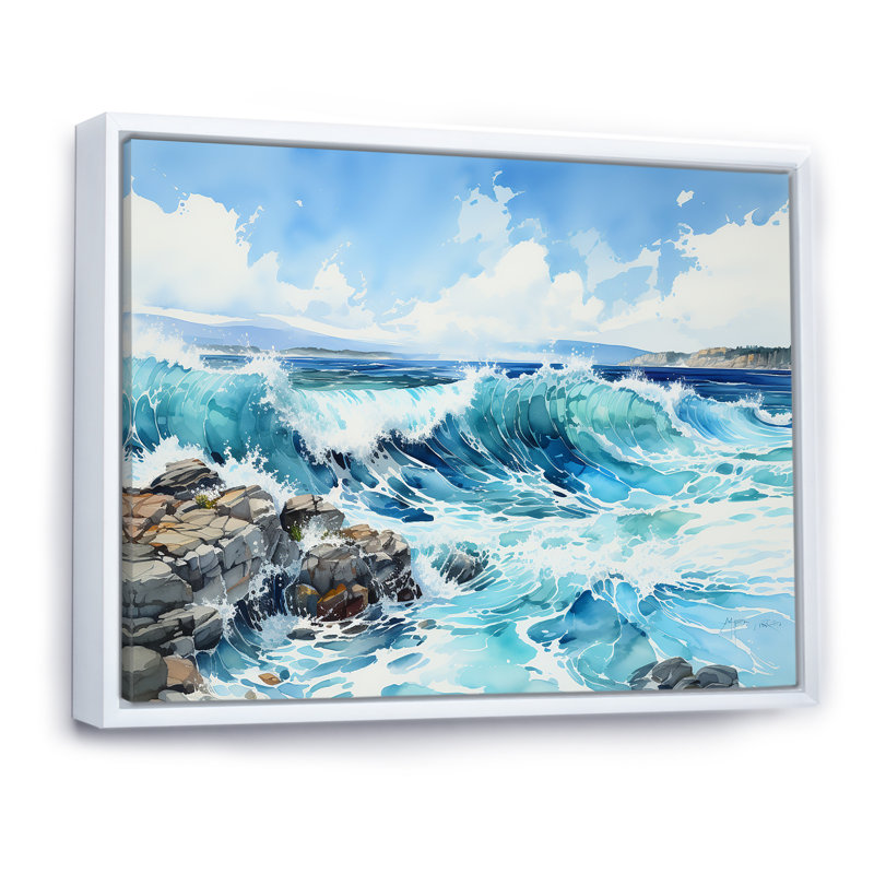 Océan bleu en mouvement, impression sur toile, Cadre flottant blanc, H 12 po x l 20 po x P 1 po