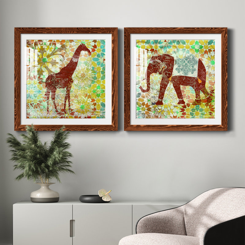 Bali girafe - ensemble de 2 peintures encadrées, H 20 po x l 40 po x P 1,5 po, Cadre en érable