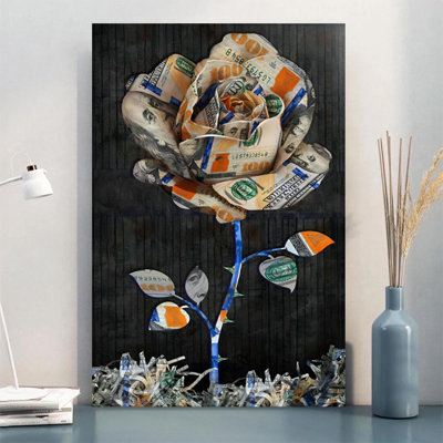 Money Rose Dollar Bill Collage - Money Wall Art Print on Gallery Wrapped Canvas, 36" H x 24" W, Ready to Hang for Home Office, Living Room or Bedroom