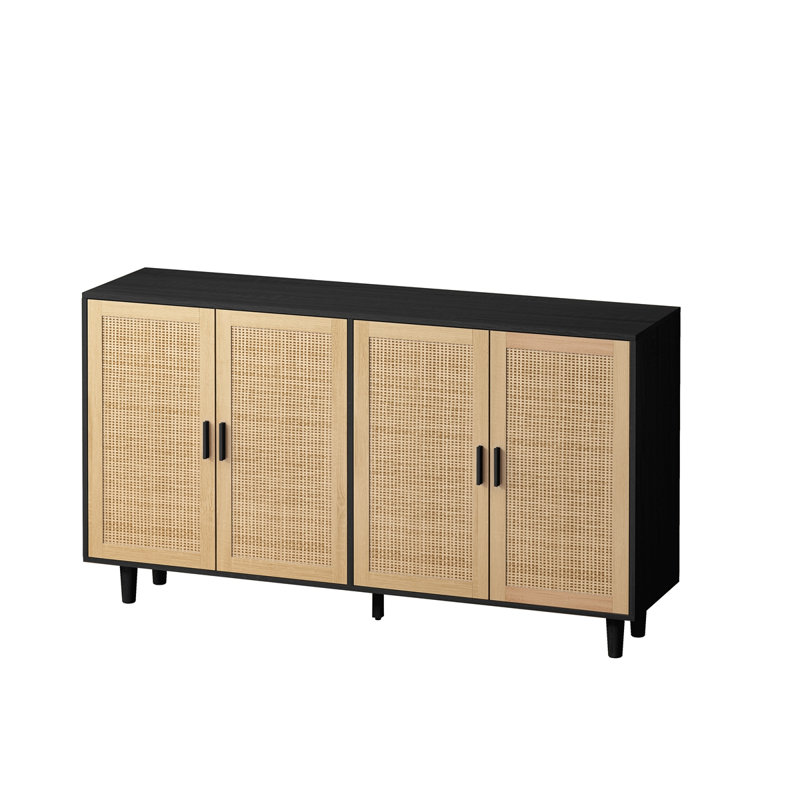 62.20"Elegant And Functional 4-Door Rattan Decorative Storage Cabinet,For Bedroom,Living Room,Office,Easy Assembly,Black