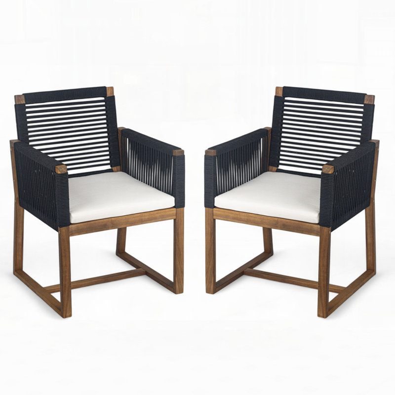 Fauteuil d'extérieur en bois d'acacia avec dossier et accoudoirs en corde et coussin lavable, Noir, noir, noir, noir