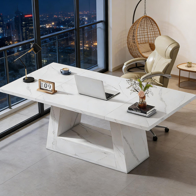 Bureau de direction spacieux, bureau d'ordinateur contemporain, bureau en faux marbre, table de salle à manger