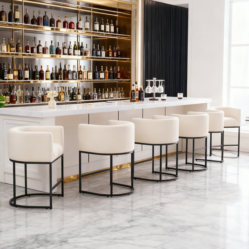 Upholstered Barrel Counter Stool, Black, Beige