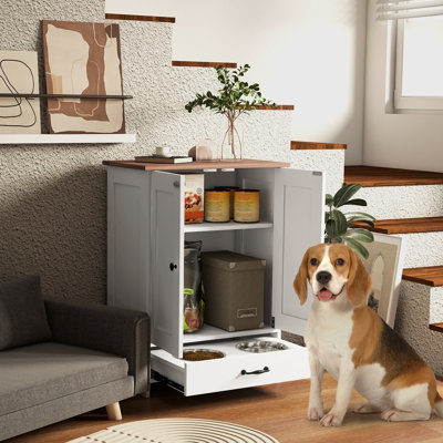 Poste d'alimentation pour chien avec bols cachés, panneau de rangement réglable et crochets, idéal pour les chiens de taille moyenne afin d'améliorer l'expérience du repas