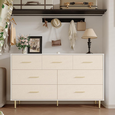 White 7-Drawer Modern Dresser with Gold Metal Handles and Strong Metal Legs, Storage Organizer for Bedroom, Living Room or Hallway