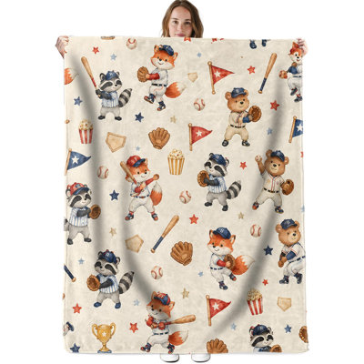 Baseball Blanket Cute Woodland Animal Flannel Throw Gifts for Baseball Lovers, Cute Animal Baseball Team Decor, Lightweight Soft Throw for Couch Office Travel, 30 x 40 in