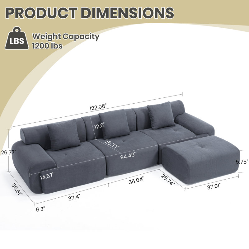 Corduroy Modern Compressed Block Sectional Couch, Gray Corduroy