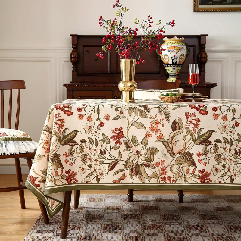 Bohemian Colorful Floral Linen Tablecloth 55"X71", Rectangular Wrinkle Resistant Decor
