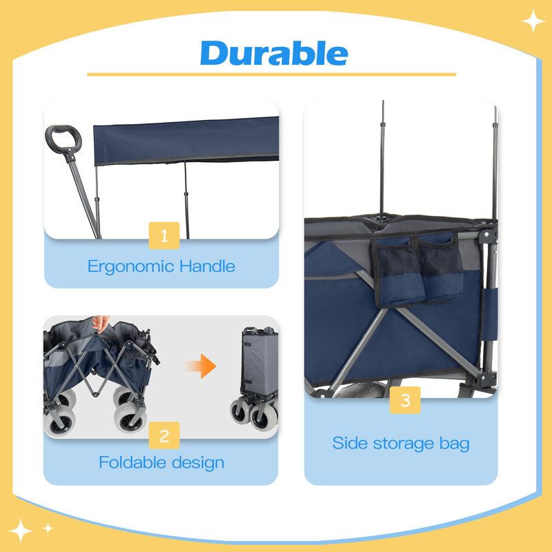 Chariot de chariot pliant multifonctionnel avec poignée flexible et auvent, chariot utilitaire robuste avec pneus de plage de 9 po x 4 po pour le camping et la plage, le transport, l'épicerie, les sports, 480LBS / 120L