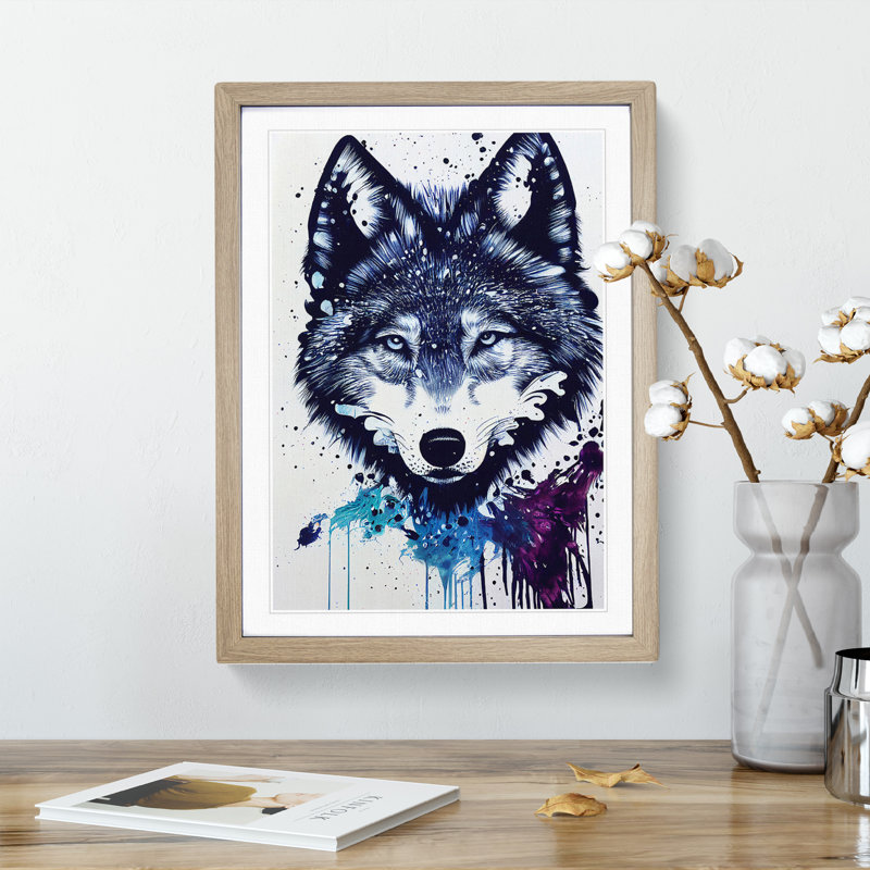 Painted Wolf No.2 - Wall Art, 48cm H x 36cm W, Oak Framed