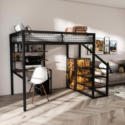 Lit mezzanine avec bureau, support de rangement et zone de charge intégrée pour les petites chambres, centre noir, cloisons de garde-robe réglables