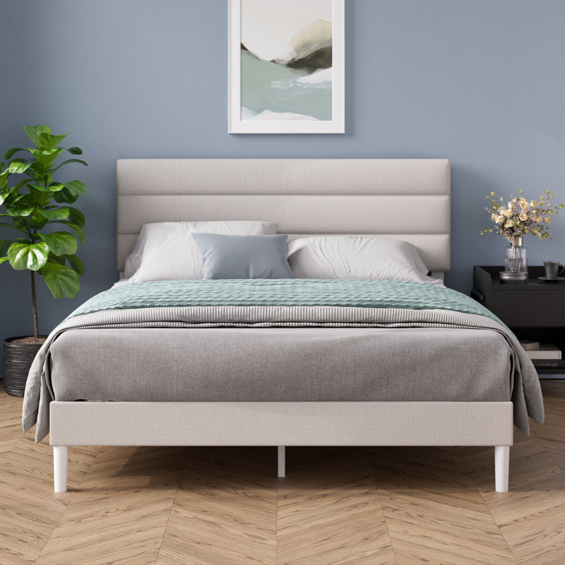 Bellay Upholstered Bed Frame with Channel Tufted Headboard, White, Double (4'6)