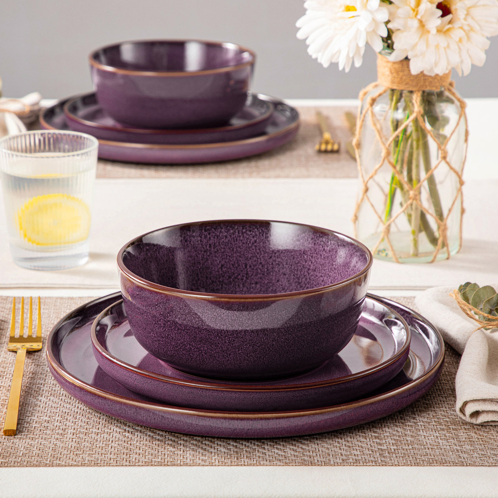 12 Piece Green Ceramic Dinnerware Set for 4,Kiln-Fired Plates,Dessert Plates&Bowls, Purple