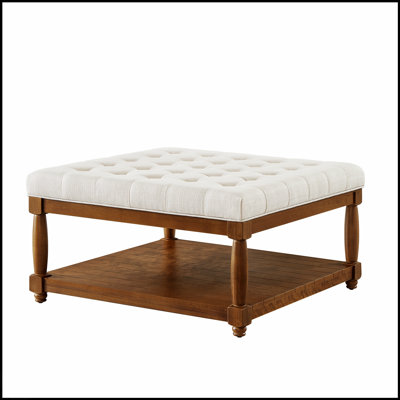 Grande table basse avec repose-pieds carré en lin capitonné, tablette en bois massif pour une utilisation polyvalente et un design élégant