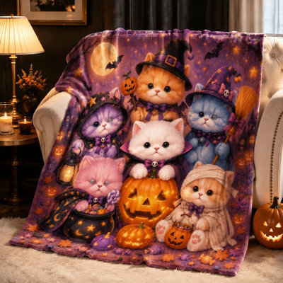 Cute Halloween Cat Fleece Blanket, Adorable Kitten Pumpkin Witch Design, Soft Cozy Throw Bedroom Couch Sofa Home Decor, Holiday Gift