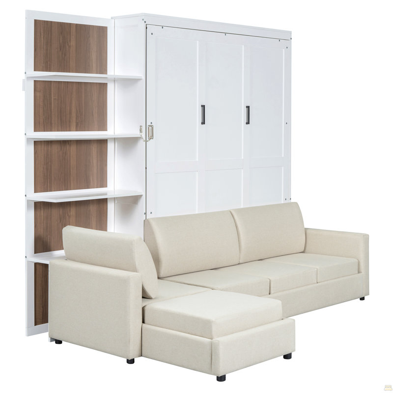 Grand lit escamotable mural avec canapé et tablettes, Blanc