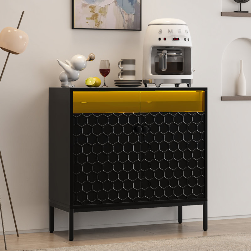 Sideboard Buffet Cabinet With LED And Charging Station, Black