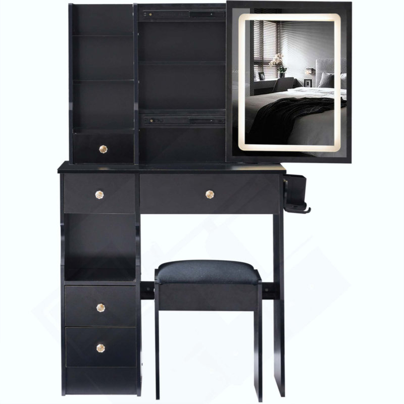Small Size Left Drawer Desktop Vanity Table + Cushioned Stool, 2 AC+2 USB Power Station, Hair Dryer Bracket, Extra Large Touch Control Sliding LED Mirror, Tri-Color Switching, Brightness Adjust