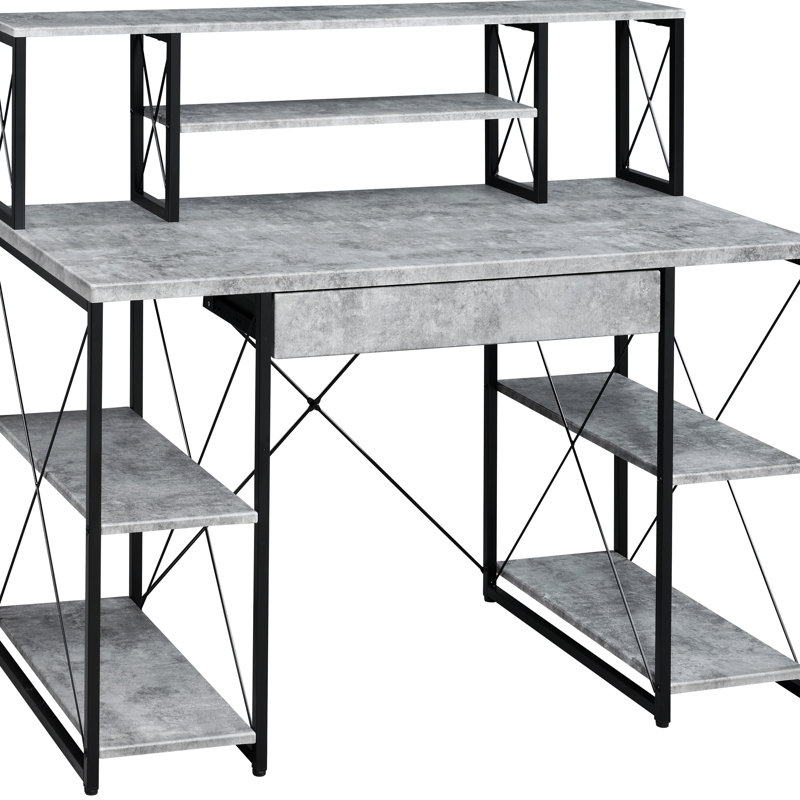 Bureau d'écriture noir + gris avec grand espace de travail et options de rangement - fonctionnel et élégant pour les bureaux