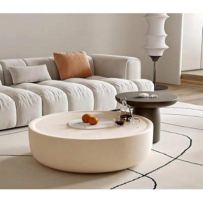 Modern Round Storage Coffee Table with Drawer - Beige Cream Acrylic Living Room Centre Table for Small Spaces, Minimalist Living Room Furniture