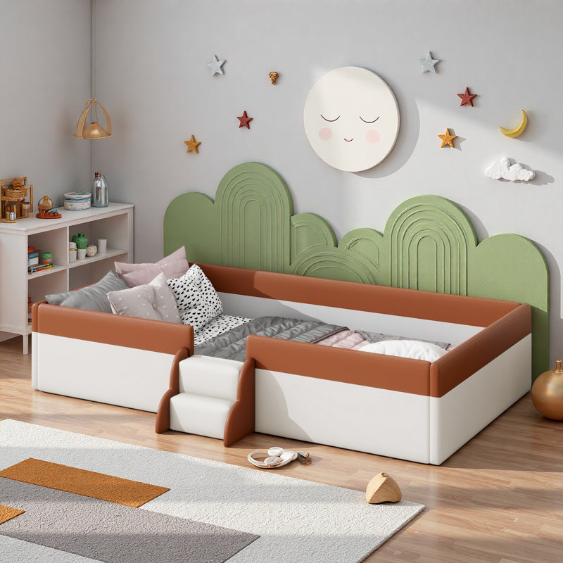 Upholstered Daybed Frame With Fence And Stairs, Twin, Brown
