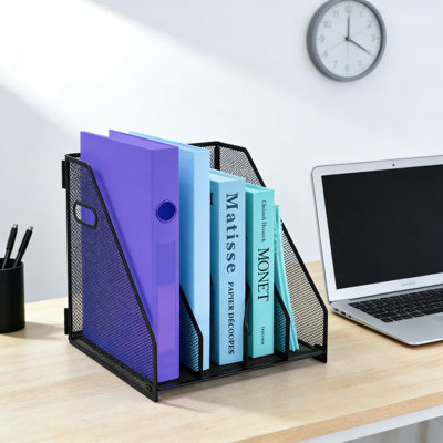Metal Mesh Desk Organizer With 4 Vertical Compartments, Magazine File Holder And Document Organizer For Home Office, Classroom, And Workspace