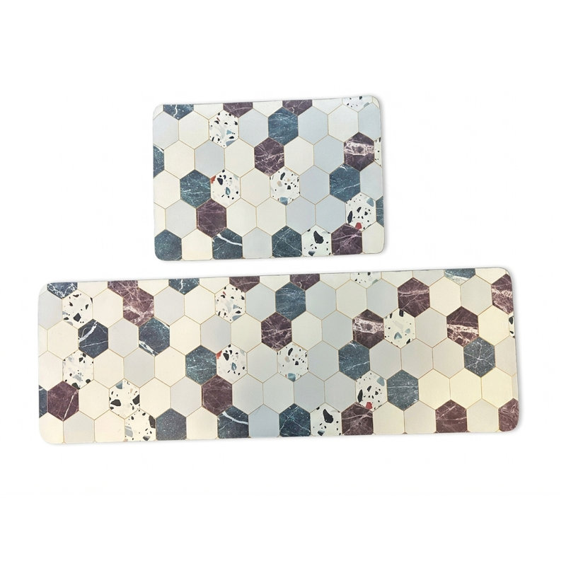 Ensemble de tapis de sol super absorbants, tapis de cuisine antidérapant à séchage rapide et petit tapis, envers en caoutchouc à profil bas lavable à la machine, motif hexagonal en marbre, 120 x 40 cm + 59 x 40 cm
