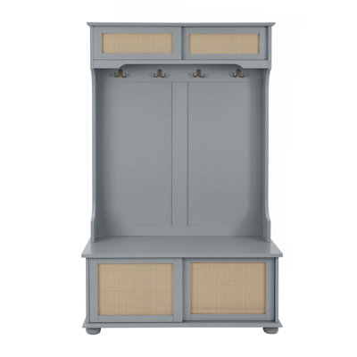 Hall Tree Entryway Bench With Rattan Door Shelves And Shoe Cabinets,Solid Wood Feet