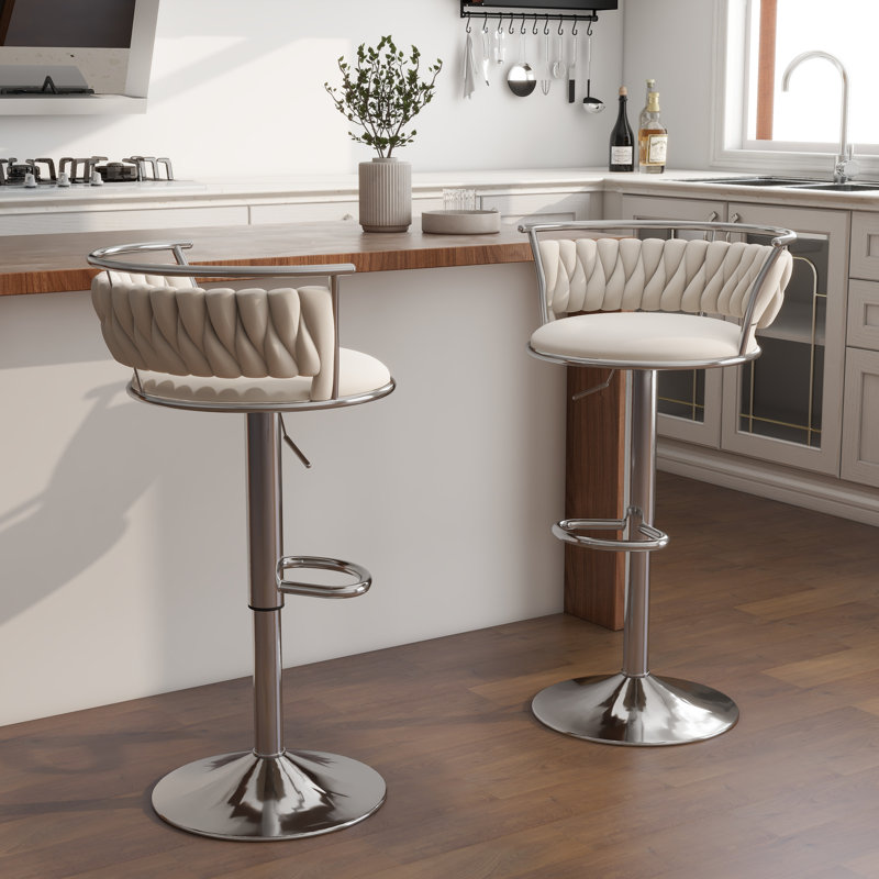 Christal Height Adjustable Swivel Bar Stool, Silver, Ivory