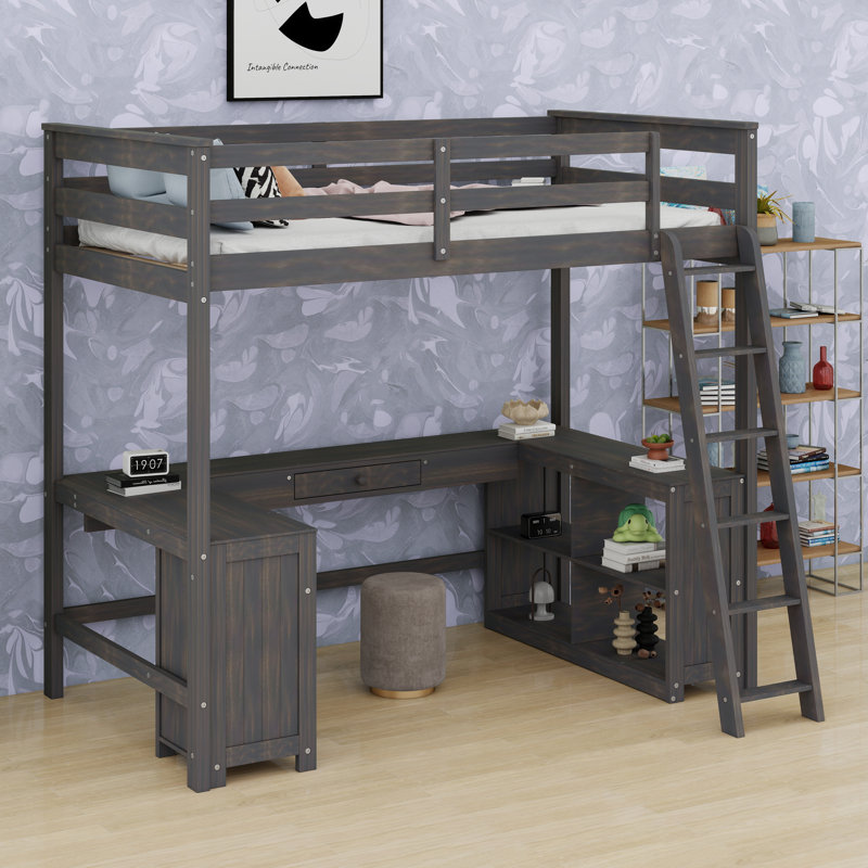 Structure de lit en bois massif avec tablettes de rangement, armoire, bureau en U et 2 tiroirs, Brun antique, Lit double