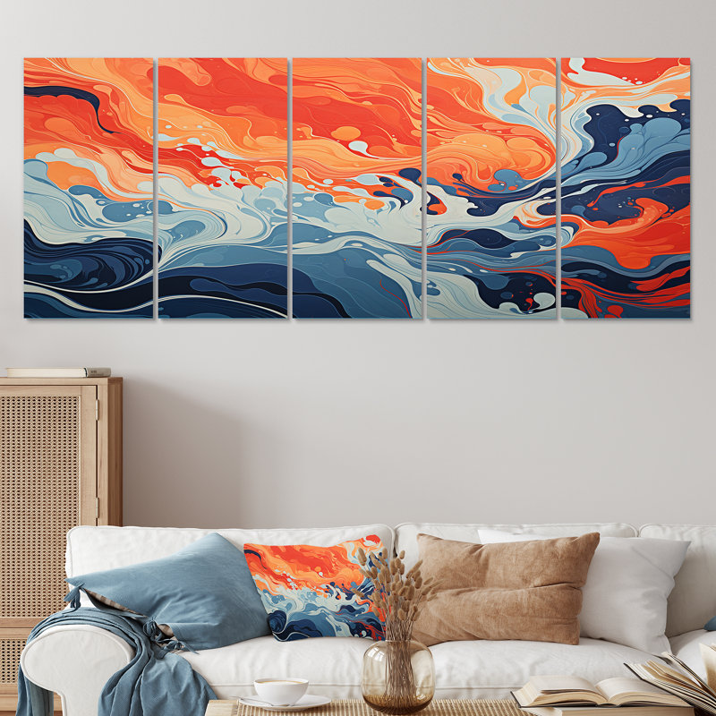 Encre liquide bleue et orange «Waves I» - Encre liquide abstraite 5 pièces, H 28 po x l 60 po