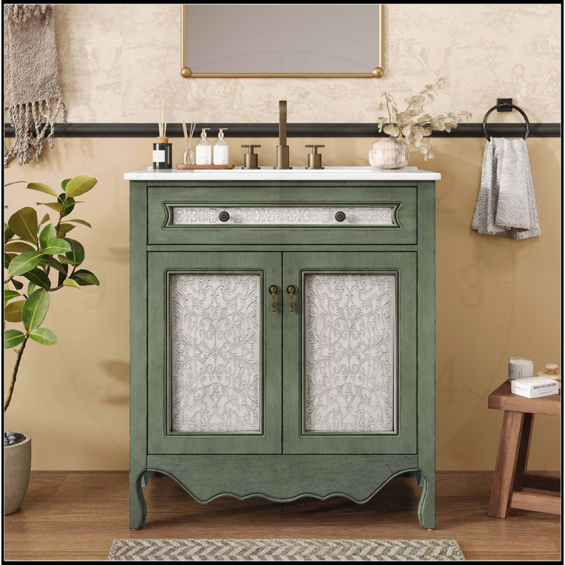 Meuble-lavabo 30 po à motif antique avec lavabo rectangulaire en céramique
