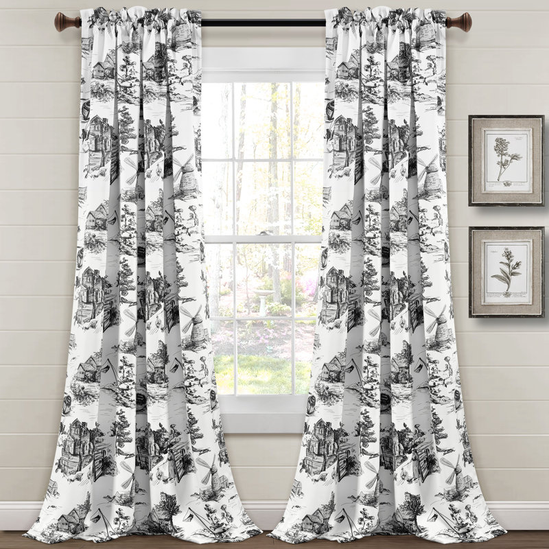 French Country Toile Room Darkening Curtain Pair, 52" W x 84" L, White/Black