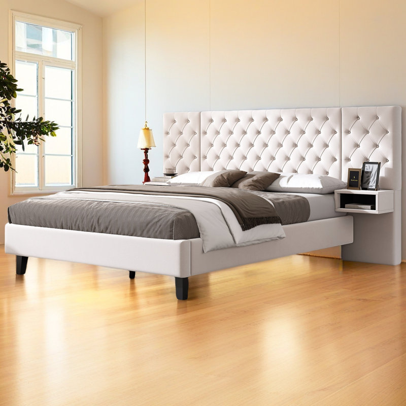 Lit plateforme avec tête de lit, lit plateforme tapissier moderne en velours avec 2 tables de chevet, Grand lit, Beige