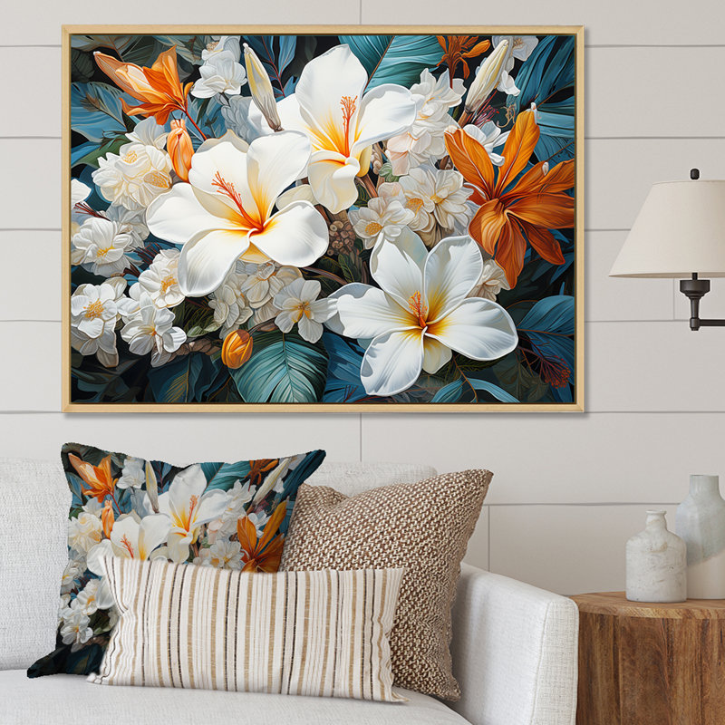 Fleur de plumeria beige et blanche, H 16 po x l 32 po x P 1 po, Cadre naturel flottant