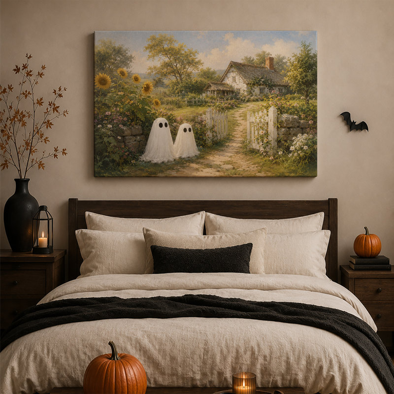 Art mural sur toile, "Deux fantômes blancs à l'extérieur", H 32 po x l 48 po