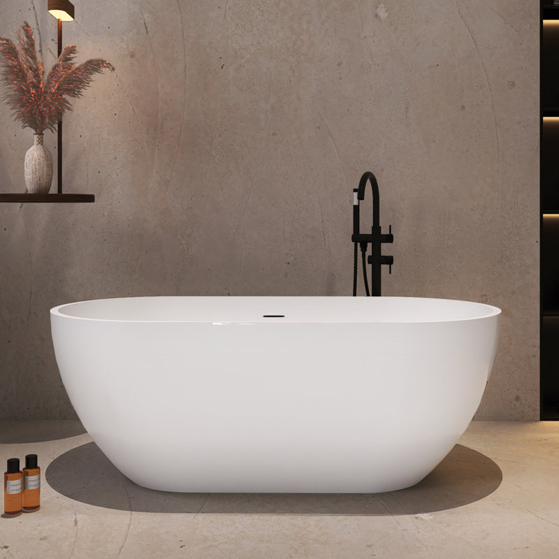 63 in. Freestanding Soaking Solid Surface Bathtub, Gloss White