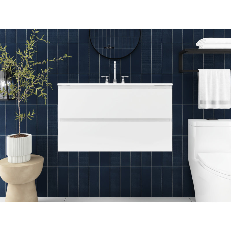 36 po Meuble-lavabo mural avec lavabo en céramique intégré, Blanc