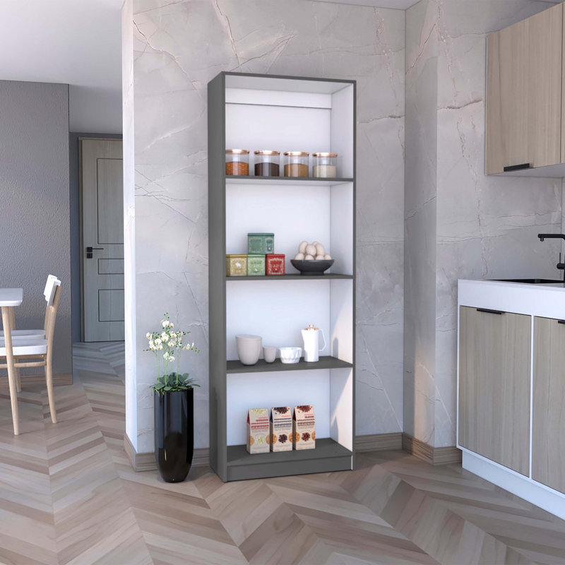 Bibliothèque maison avec présentoir moderne à 4 tablettes pour livres et décor - gris mat / blanc