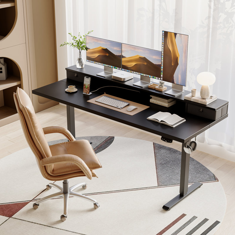 Bureau debout électrique à hauteur réglable de 63 po avec tiroirs, bureau à domicile avec grande tablette pour moniteur, Noir