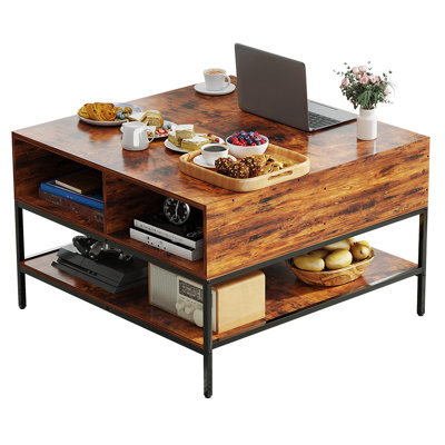 Flip-Top Coffee Table With Storage - Dark Walnut & Black Metal - 31.5" Lift-Top Design W/Hidden Compartment - Easy Assembly Living Room Table