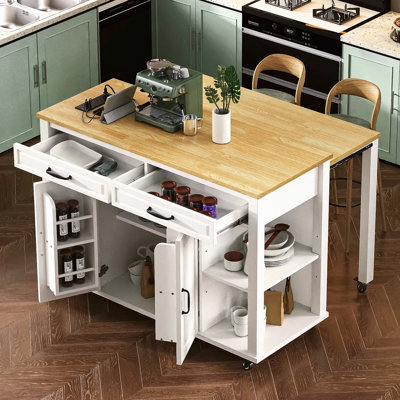 47 Inch Kitchen Island With Extendable Dining Table, Rubber Wood Veneer Kitchen Table With Internal Storage Rack, Power Outlet, Kitchen Island With Storage 2 Drawers 2 Cabinet