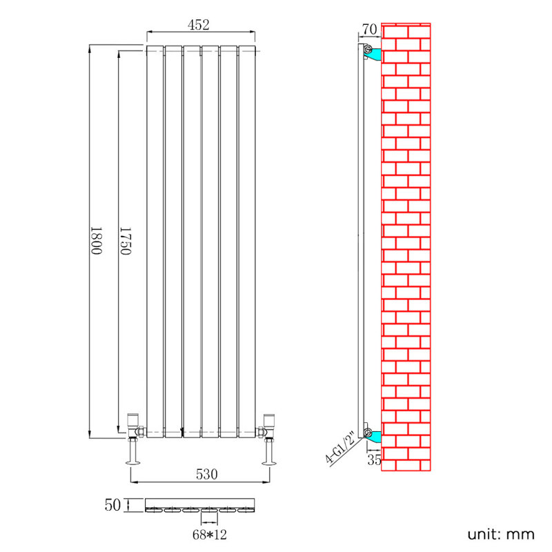 Quackenbush Vertical Designer Radiator, 1800mm H x 452mm W x 70mm D