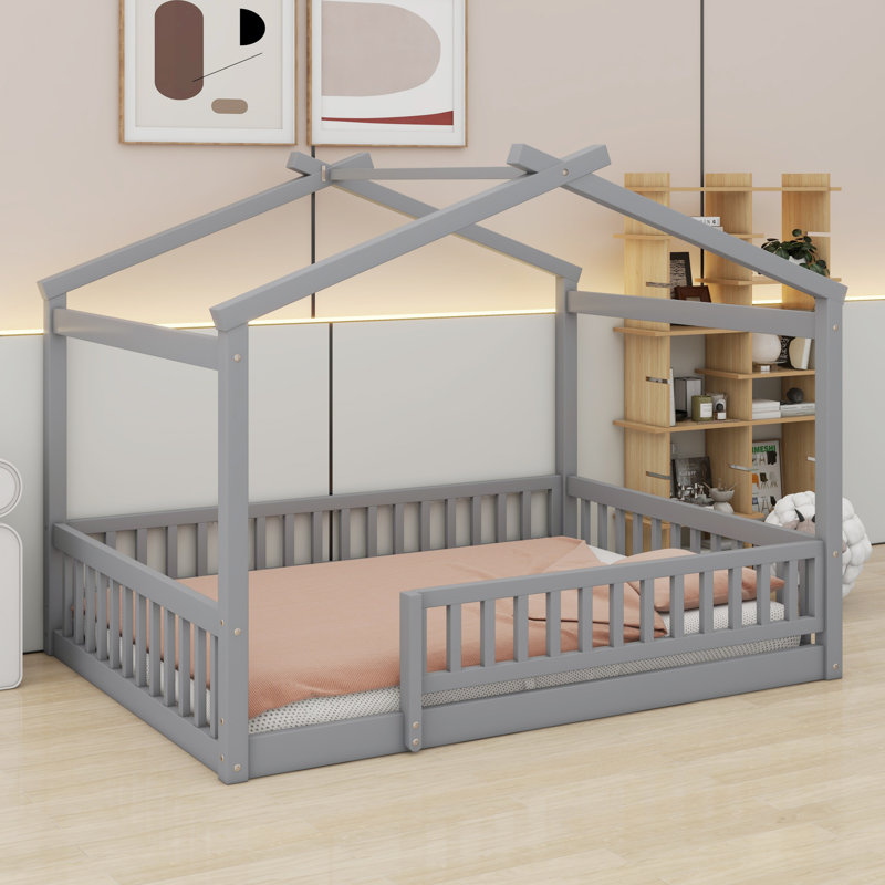 Cadre de lit en bois avec clôture, Gris