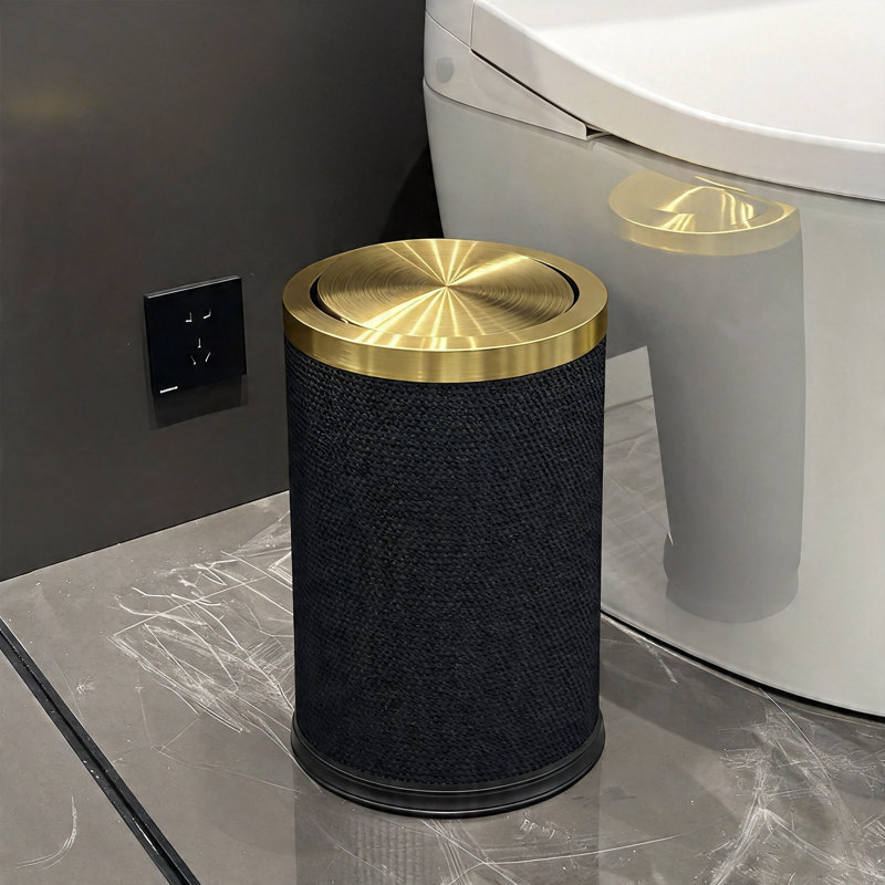Poubelle de salle de bain en cuir pu moderne avec couvercle, 1 (carreauté noir)