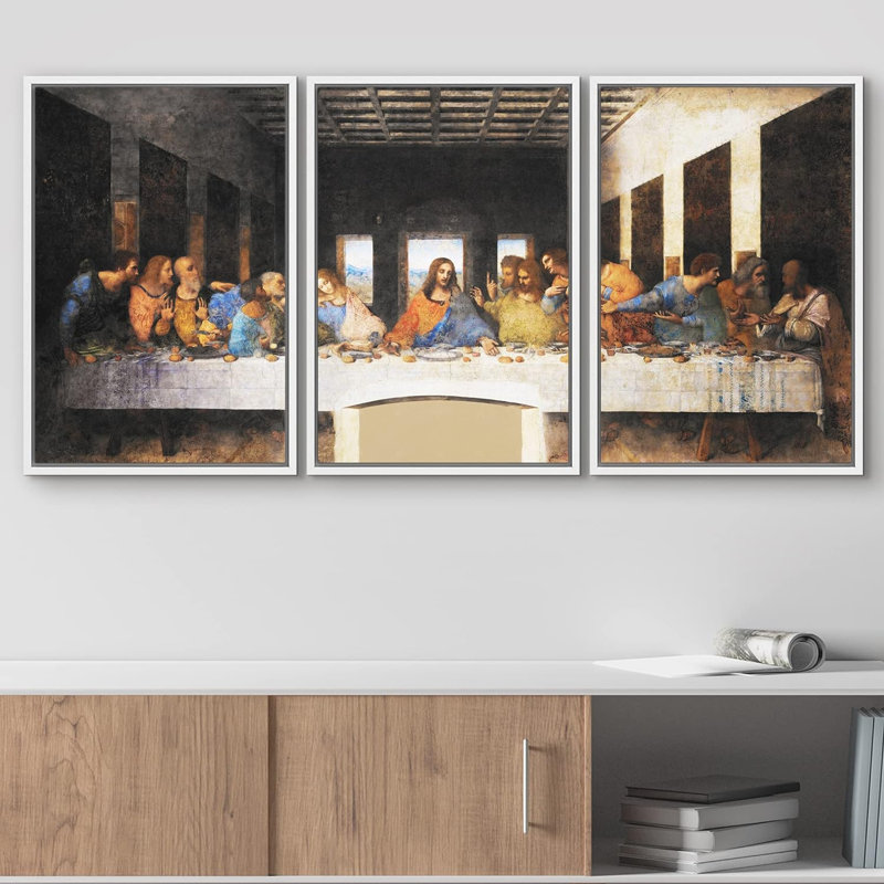 «Cène», œuvre d'art religieuse célèbre «Leonardo Da Vinci», 3 pièces, H 36 po x l 24 po x P 1,5 po, Cadre en plastique blanc