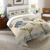 Indigo Watercolor Poppies Traditional Cotton Floral Comforter