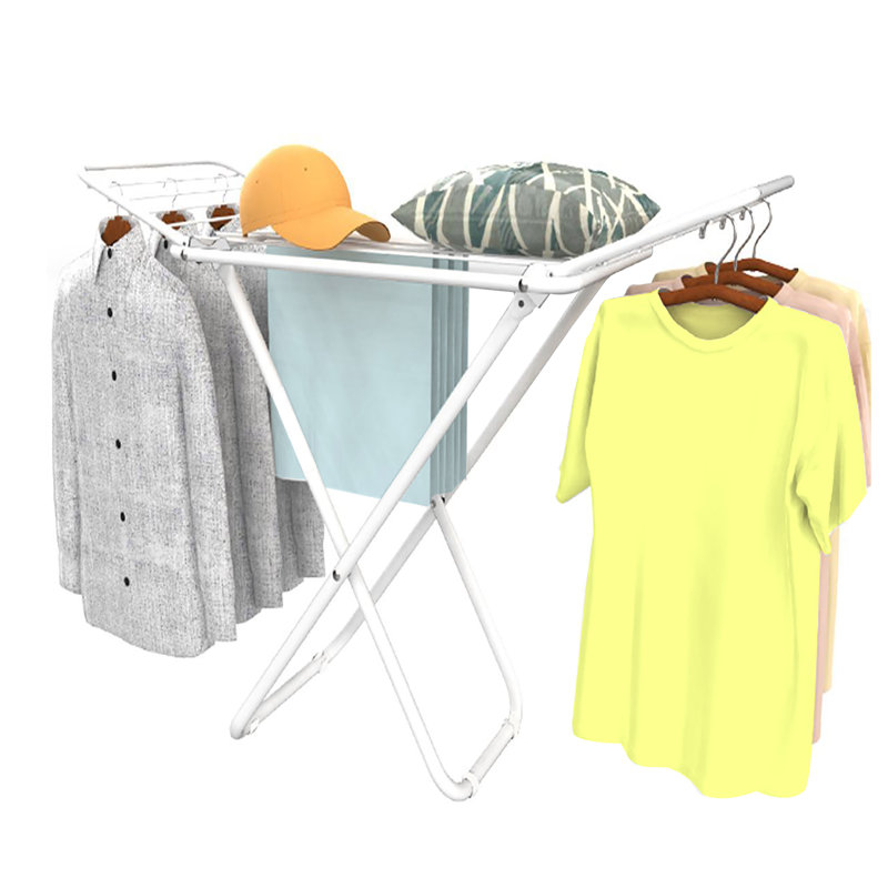 Séchoir à linge, séchoir à linge à 4 pieds et à oreilles, support à linge en métal blanc, pliable, peu encombrant